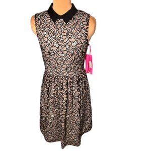 NWT Betsey Johnson Black Lace Overlay Nude Dress with Peter Pan Collar